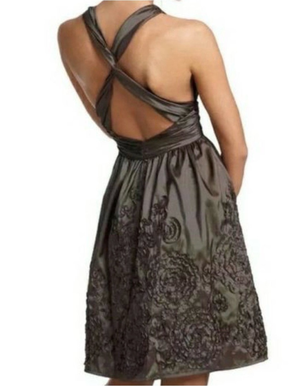 Adrianna Papell Brown Cross-Back Embroidered Midi Dress